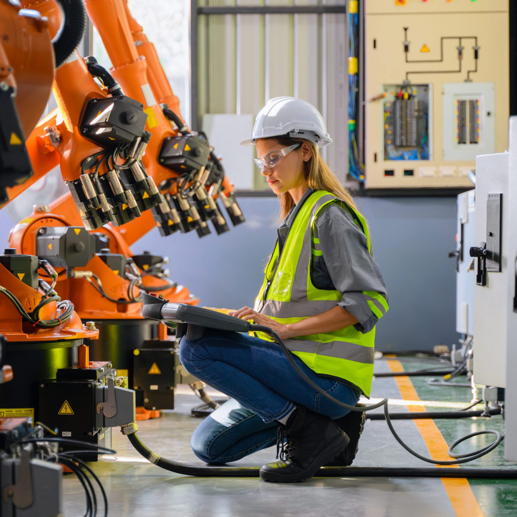 Female engineer worker working with robotic machine automation at factory, Female technician with smart technology at industry, Female worker checking and controlling parts of robotic machine